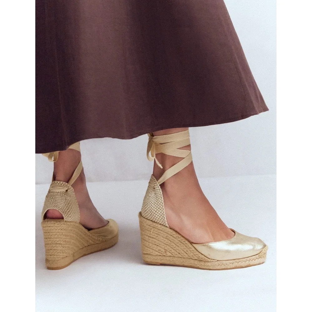 Boden Metallic Gold Espadrille Wedges Ribbon Ankle Tie Made in Spain Size 38